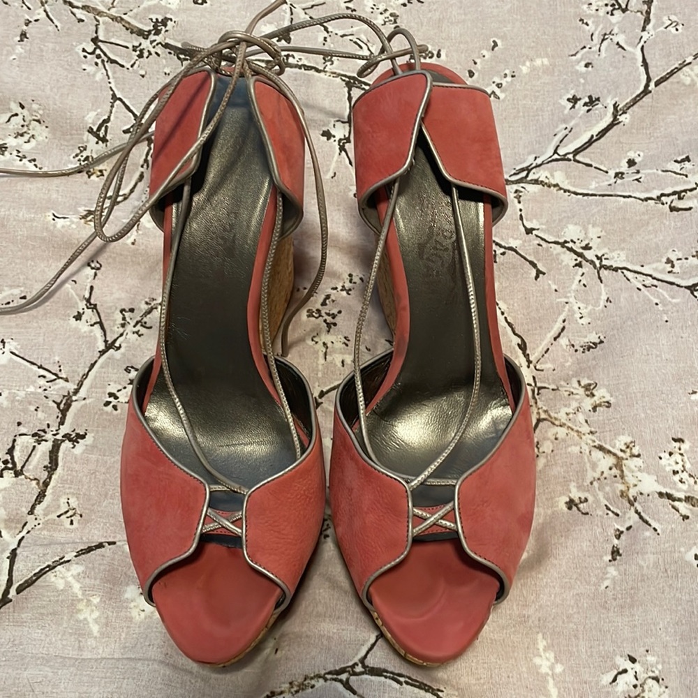 Pink suede corked wedges by Ferragamo